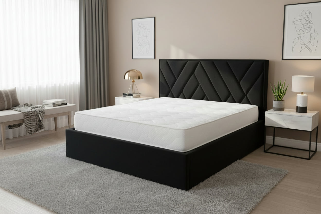 AkmaBed – Upholstered Platform Bed with Geometric Headboard