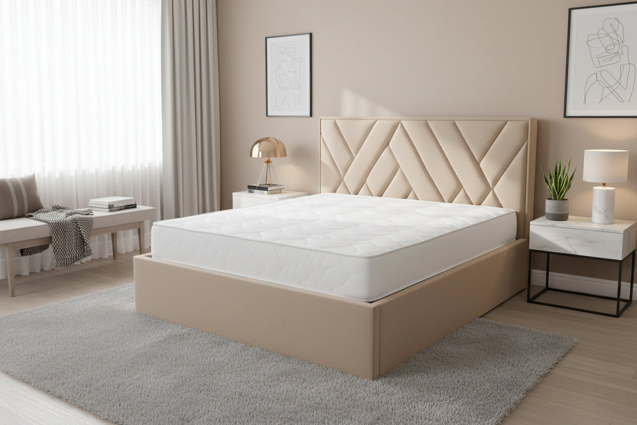 AkmaBed – Upholstered Platform Bed with Geometric Headboard