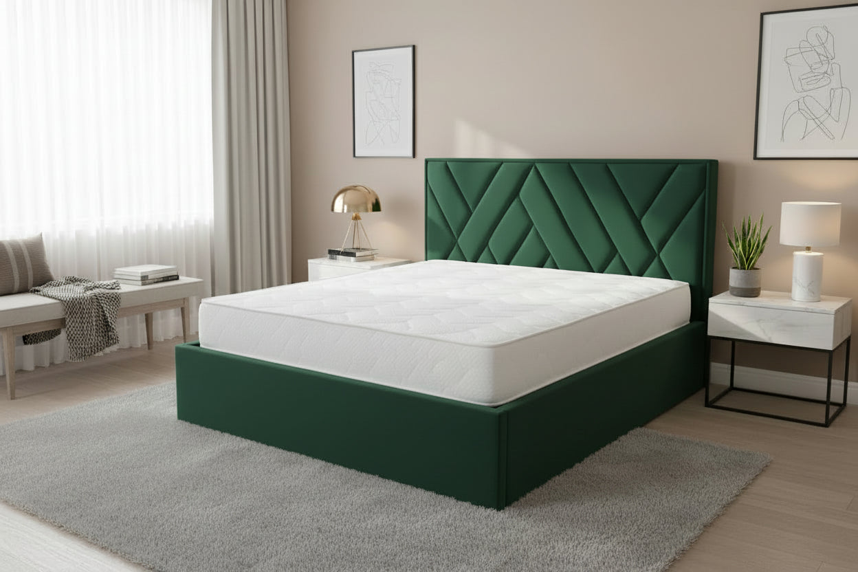 AkmaBed – Upholstered Platform Bed with Geometric Headboard