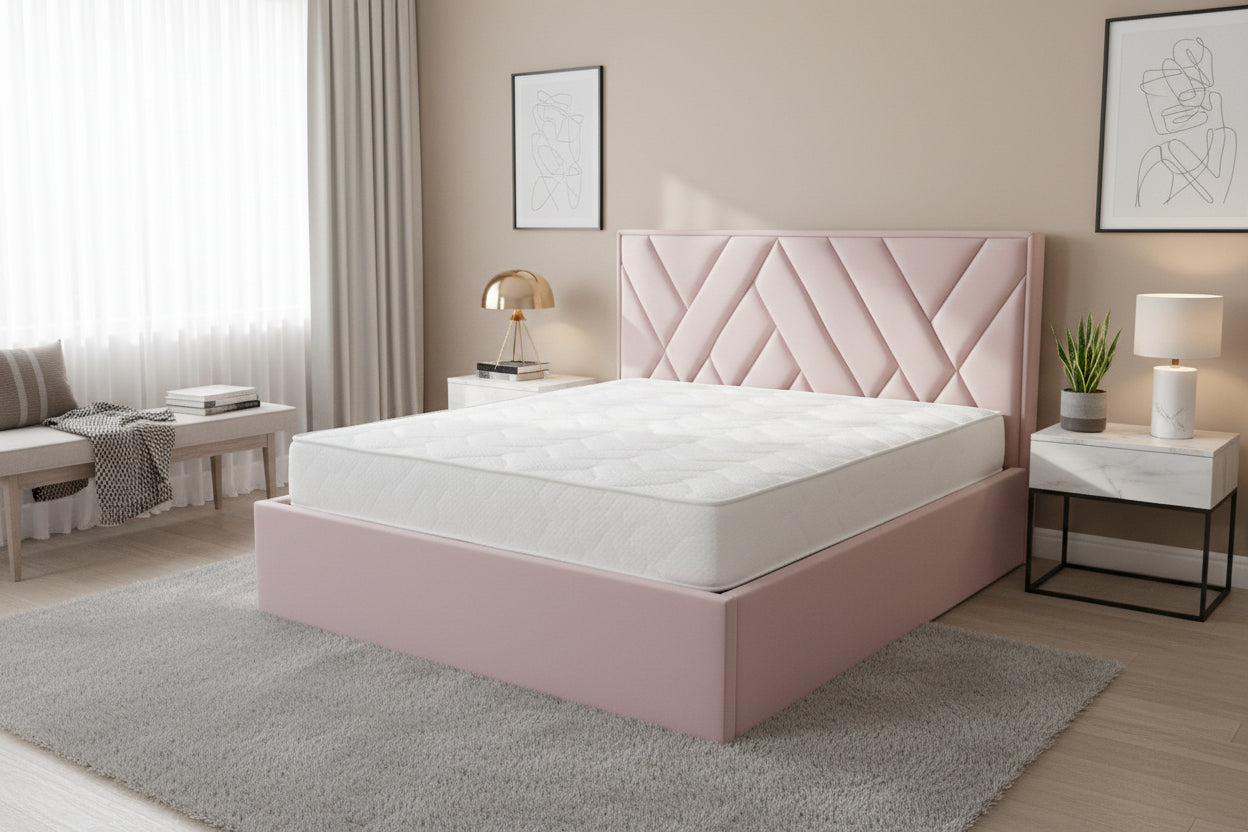 AkmaBed – Upholstered Platform Bed with Geometric Headboard
