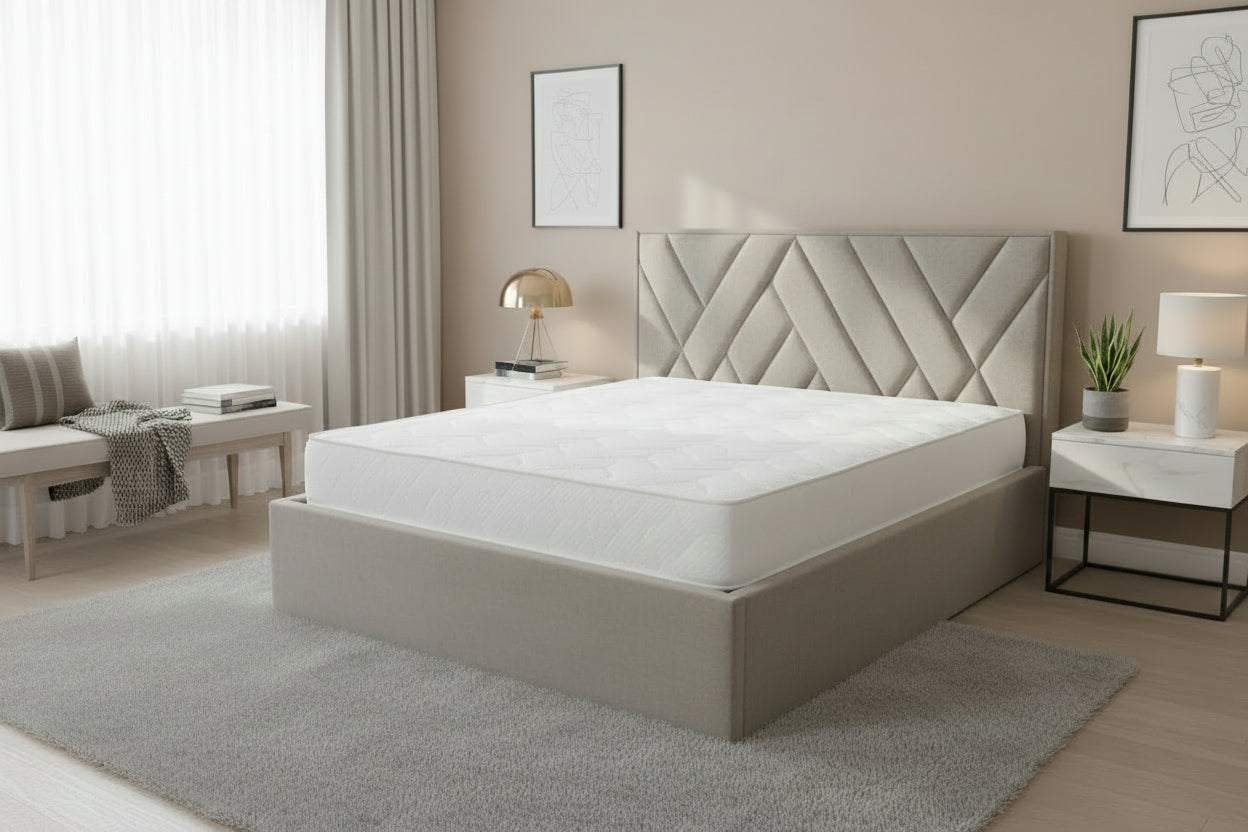 AkmaBed – Upholstered Platform Bed with Geometric Headboard