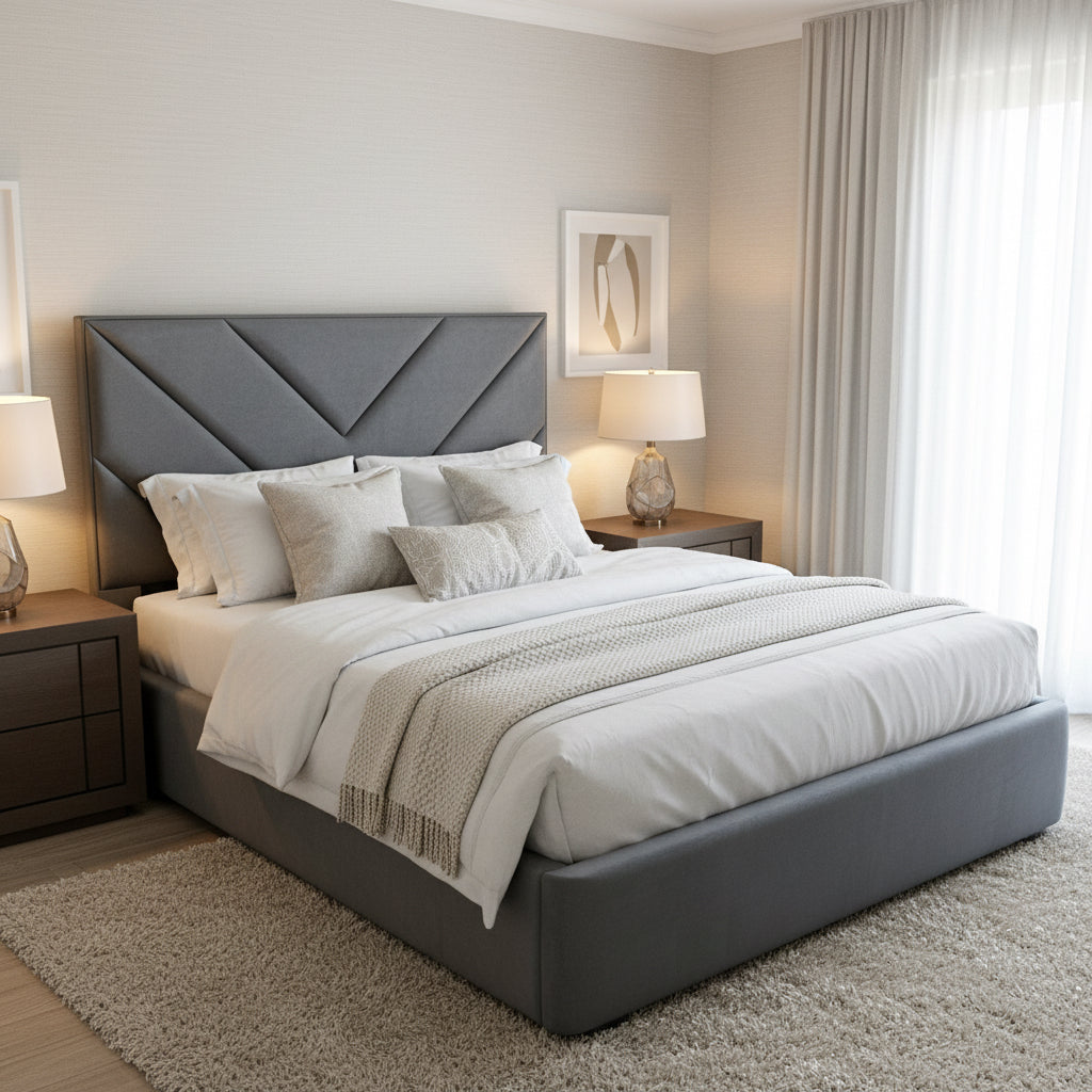 AkmaBed Chevron Queen Bed – Gray Velvet Upholstered Platform Bed