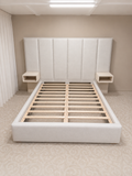 AkmaBed Queen Upholstered Bed – 6 Panel Headboard with Floating Nightstands | Woven Beige