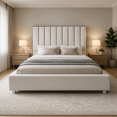 AkmaBed Ivory Velvet Upholstered Bed Frame – Queen Size