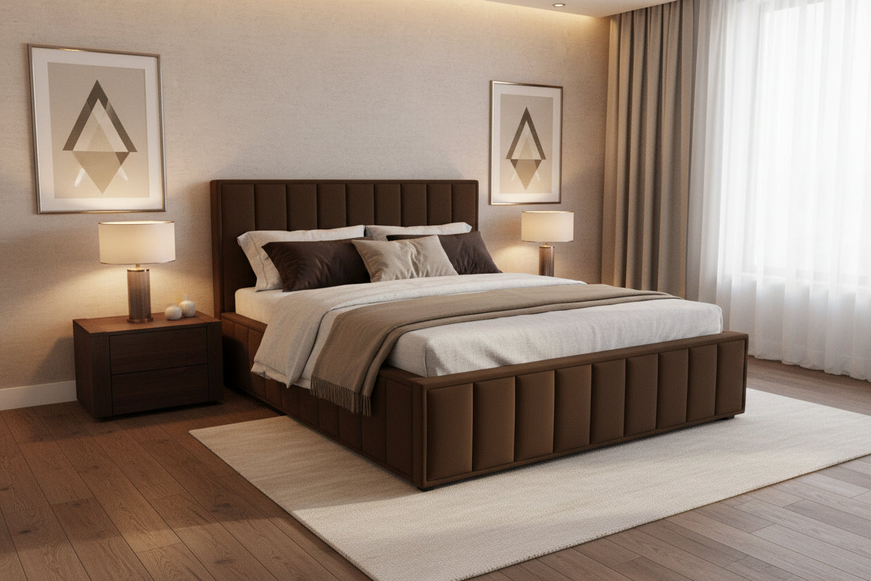 AkmaBed Modern Geometric Panel Upholstered Platform Bed Frame