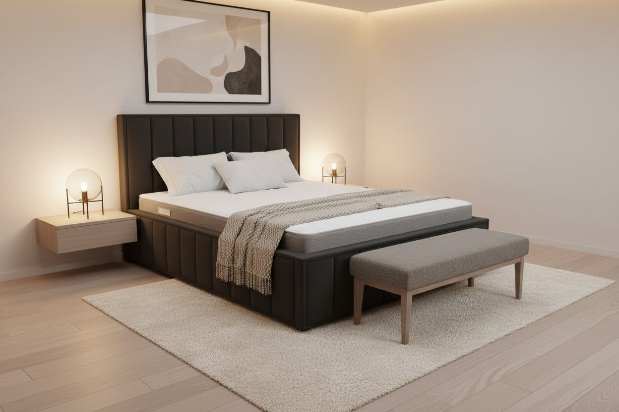 AkmaBed Modern Geometric Panel Upholstered Platform Bed Frame