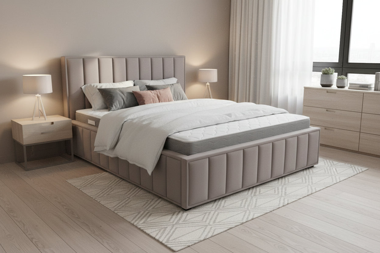 AkmaBed Modern Geometric Panel Upholstered Platform Bed Frame