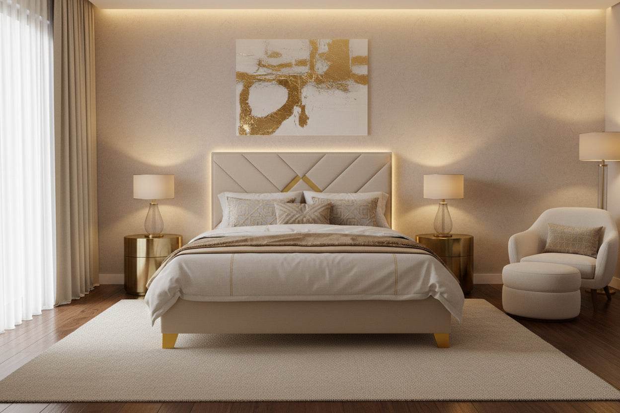 Modern Luxury Upholstered Bed Frame with Gold Accents