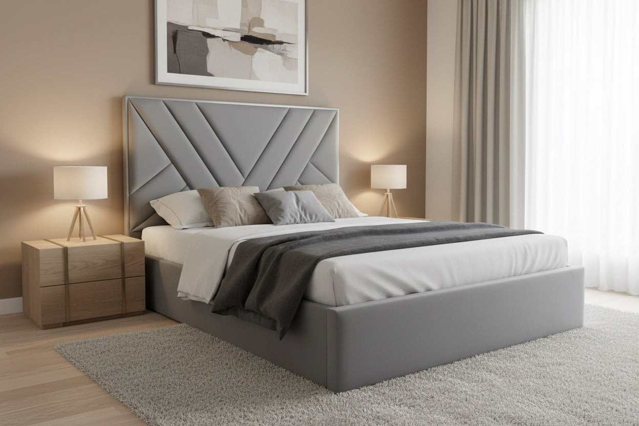AkmaBed Modern Panel Upholstered Bed – Custom Fabric Bed Frame