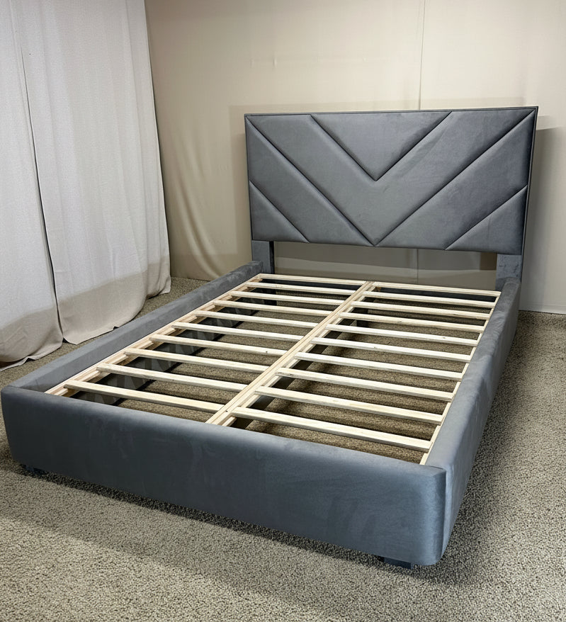 AkmaBed Chevron Queen Bed – Gray Velvet Upholstered Platform Bed