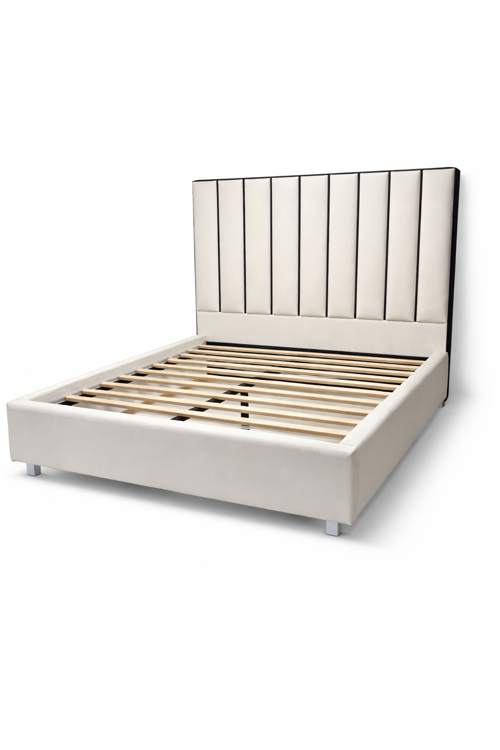 Ivory Velvet Upholstered Bed Frame – Queen Size Modern Platform Bed with Headboard | AkmaBed