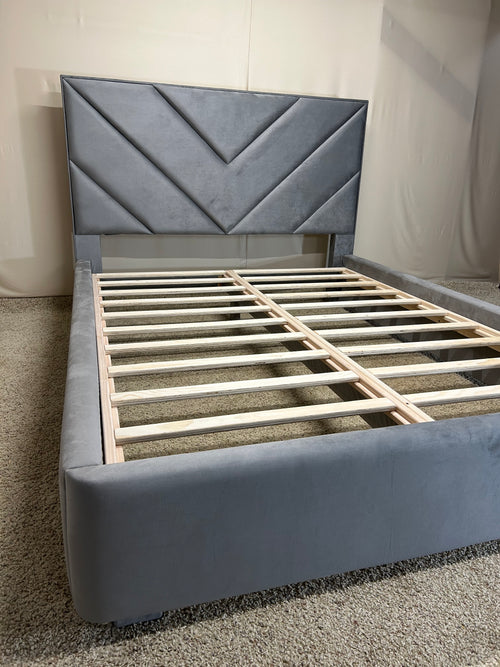 AkmaBed Chevron Queen Bed – Gray Velvet Upholstered Platform Bed