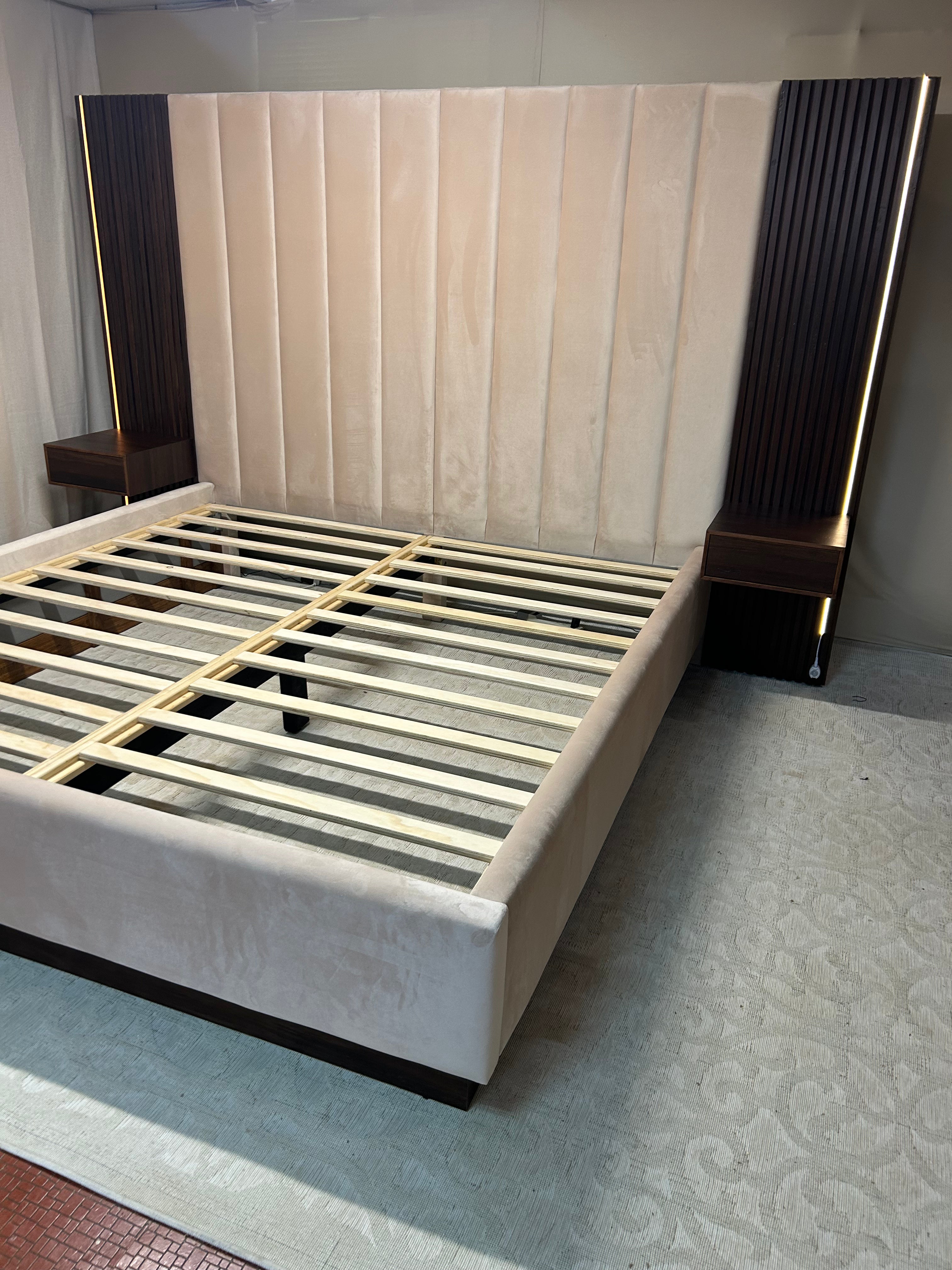 Akmabed Luxury Velour King Bed with LED Floating Nightstands