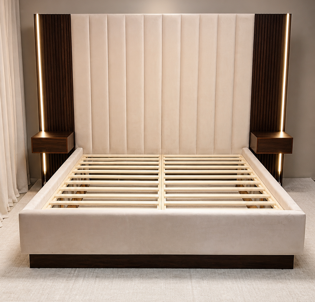 Akmabed Luxury Velour King Bed with LED Floating Nightstands