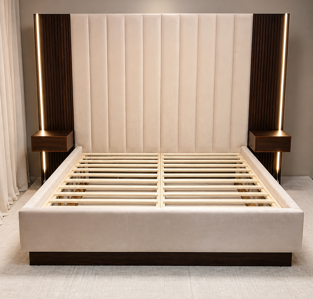 Akmabed Luxury Velour King Bed with LED Floating Nightstands