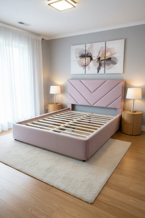AkmaBed Chevron Queen Bed – Blush Pink Velvet Upholstered Platform Bed