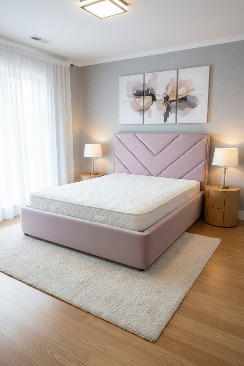 AkmaBed Chevron Queen Bed – Blush Pink Velvet Upholstered Platform Bed