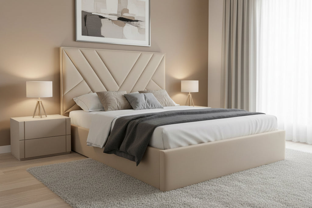 AkmaBed Modern Panel Upholstered Bed – Custom Fabric Bed Frame