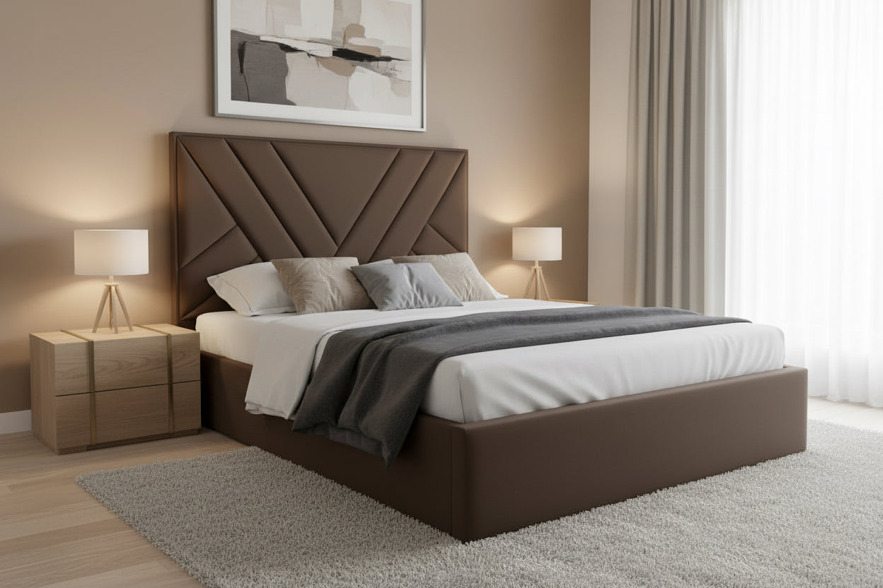 AkmaBed Modern Panel Upholstered Bed – Custom Fabric Bed Frame