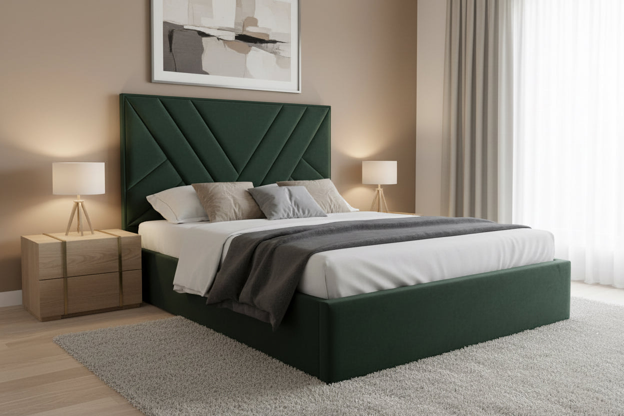 AkmaBed Modern Panel Upholstered Bed – Custom Fabric Bed Frame