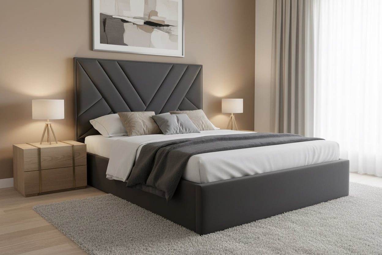 AkmaBed Modern Panel Upholstered Bed – Custom Fabric Bed Frame