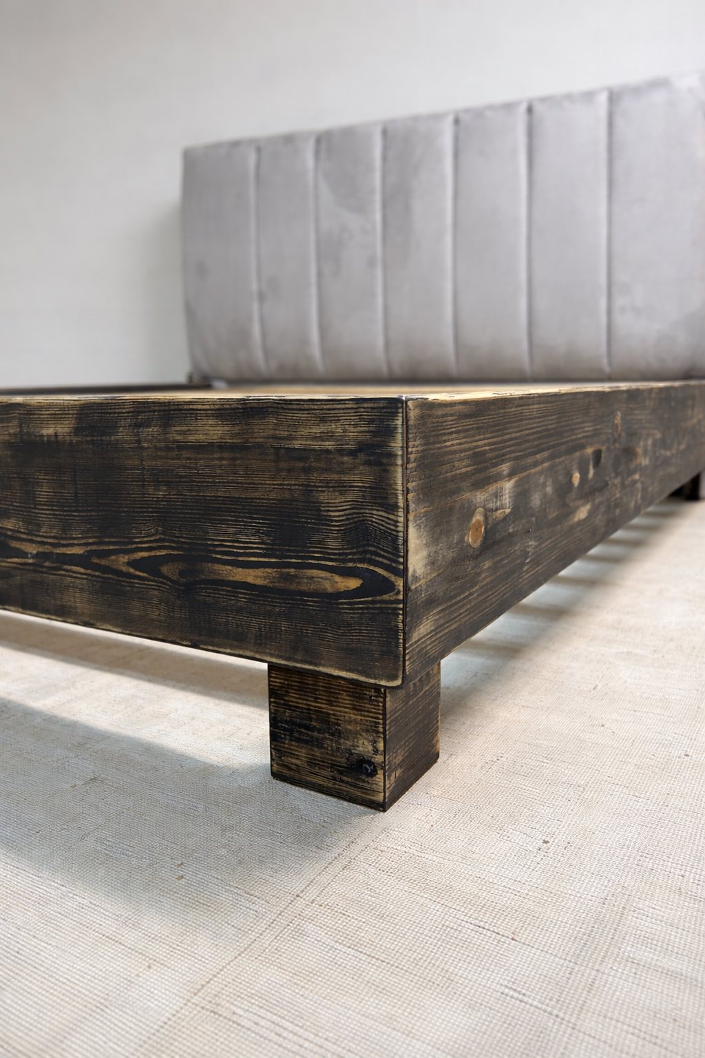 Rustic Wooden Bed Frame with Upholstered Headboard – Gray