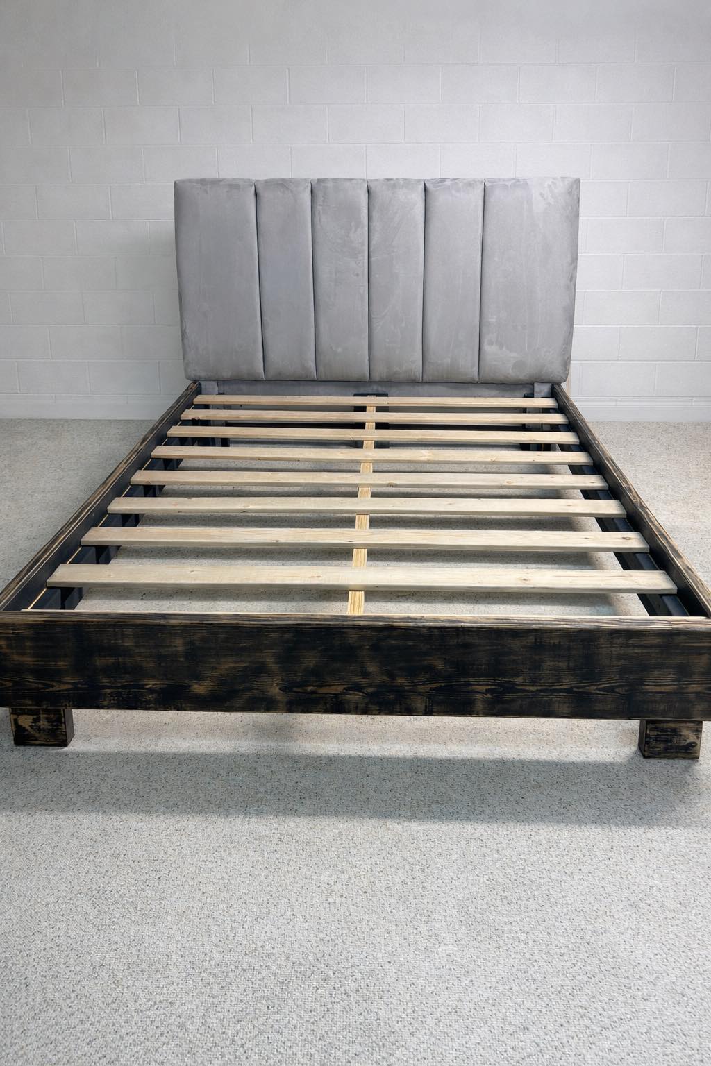 Rustic Wooden Bed Frame with Upholstered Headboard – Gray