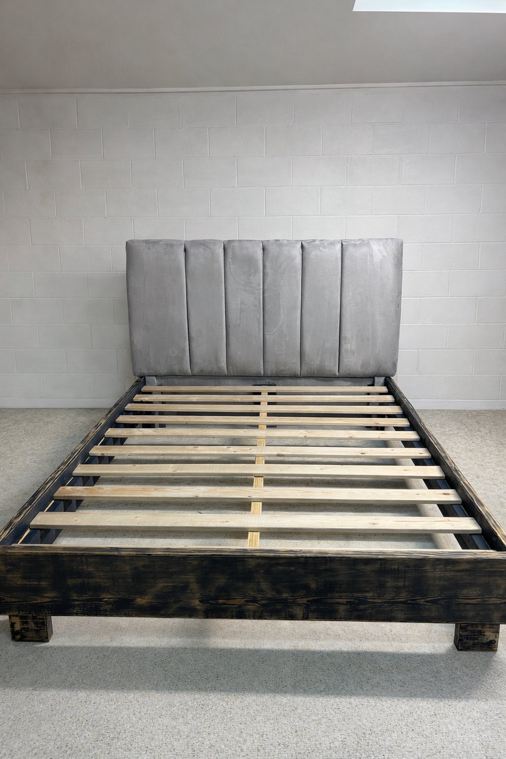 Rustic Wooden Bed Frame with Upholstered Headboard – Gray