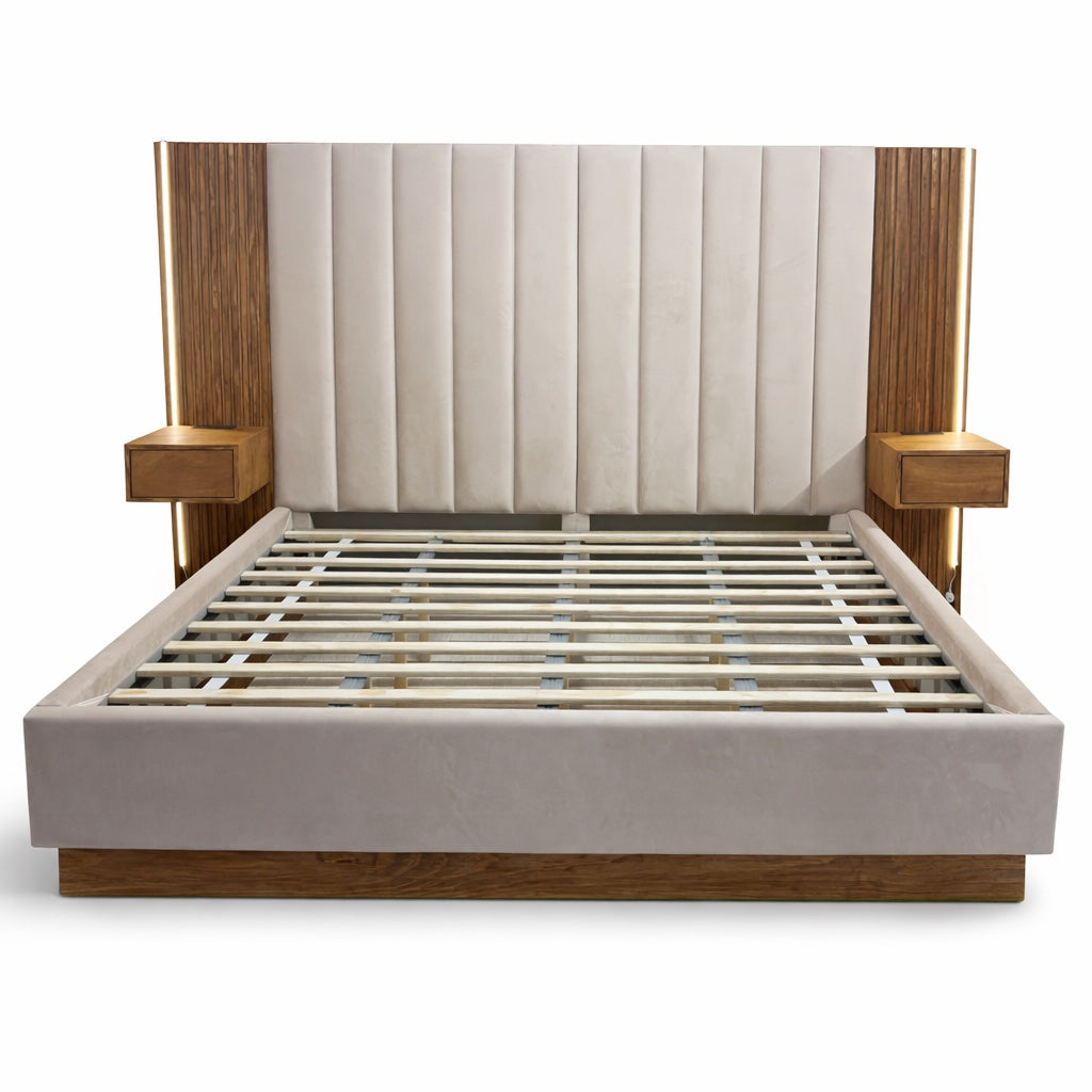 Luxury Velour King Bed with LED Floating Nightstands