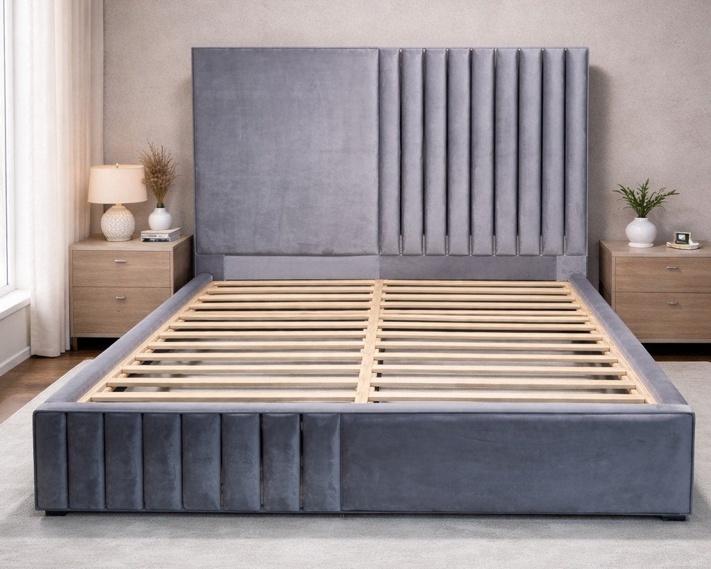 Akmabed Stanley Luxury Bed Frame – Gray Velvet Queen Size