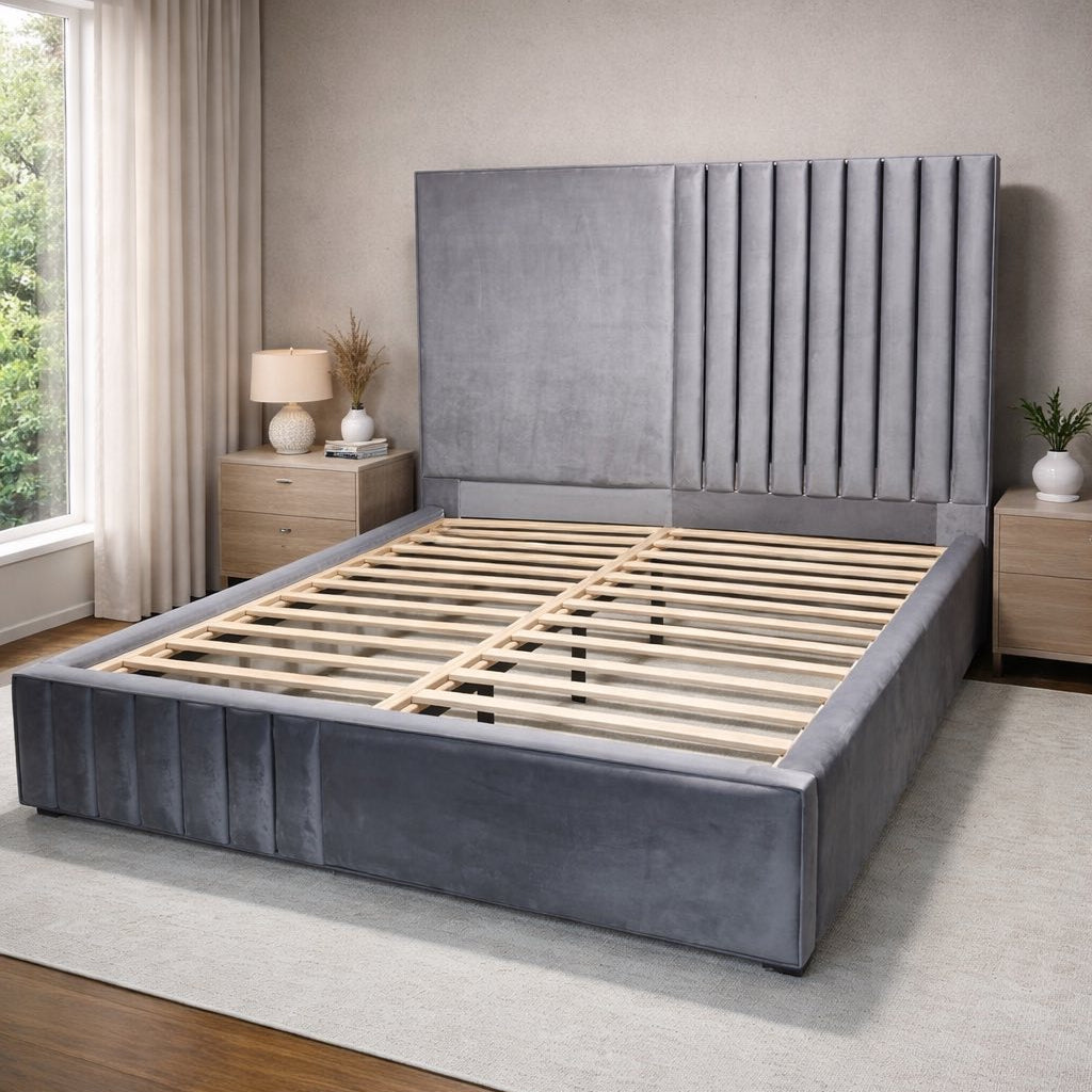 Akmabed Stanley Luxury Bed Frame – Gray Velvet Queen Size
